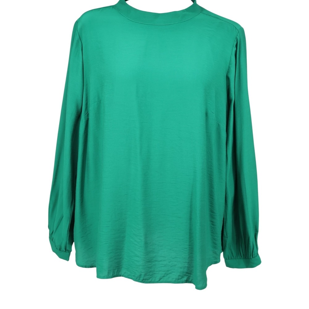 LOFT Plus Kelly Green Mock Neck Button Back Bishop Sleeve Blouse 16 Workwear EUC